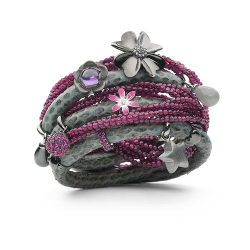 Grey Snakeskin and Garnet Wrap Story Bracelet